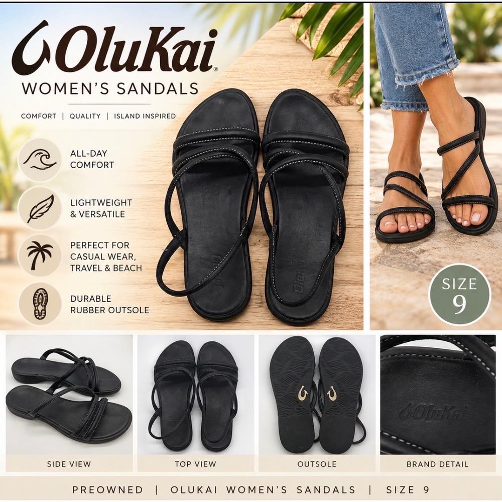 Olukai Womens Black Leather Strappy Slingback Sandals Comfort Flat Size 9